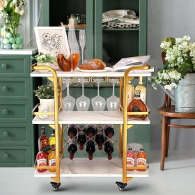 Gold Bar Cart with 3 Tiers for Stylish Storage, Home Bar Serving Cart with 4 Rows of Glass Holders & 8 Wine Racks