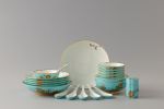 Auratic 22-Piece Chinese Dinnerware Set for 6, Plates, Bowls, Spoons, Toothpick Holder, China Painted Ceramic Tableware Set(Lake Blue, Peony)