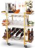 Gold Bar Cart with 3 Tiers for Stylish Storage, Home Bar Serving Cart with 4 Rows of Glass Holders & 8 Wine Racks