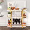 Gold Bar Cart with 3 Tiers for Stylish Storage, Home Bar Serving Cart with 4 Rows of Glass Holders & 8 Wine Racks